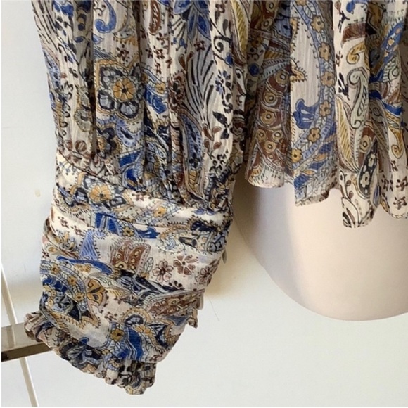 Redemption Silk Chiffon White Blue Beige Floral Print Paisley Smocked Blouse 8 - Picture 7 of 11